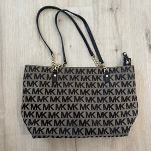 Michael Kors Jet Set Tan Black Chain Strap Monogramed Shoulder Bag Tote